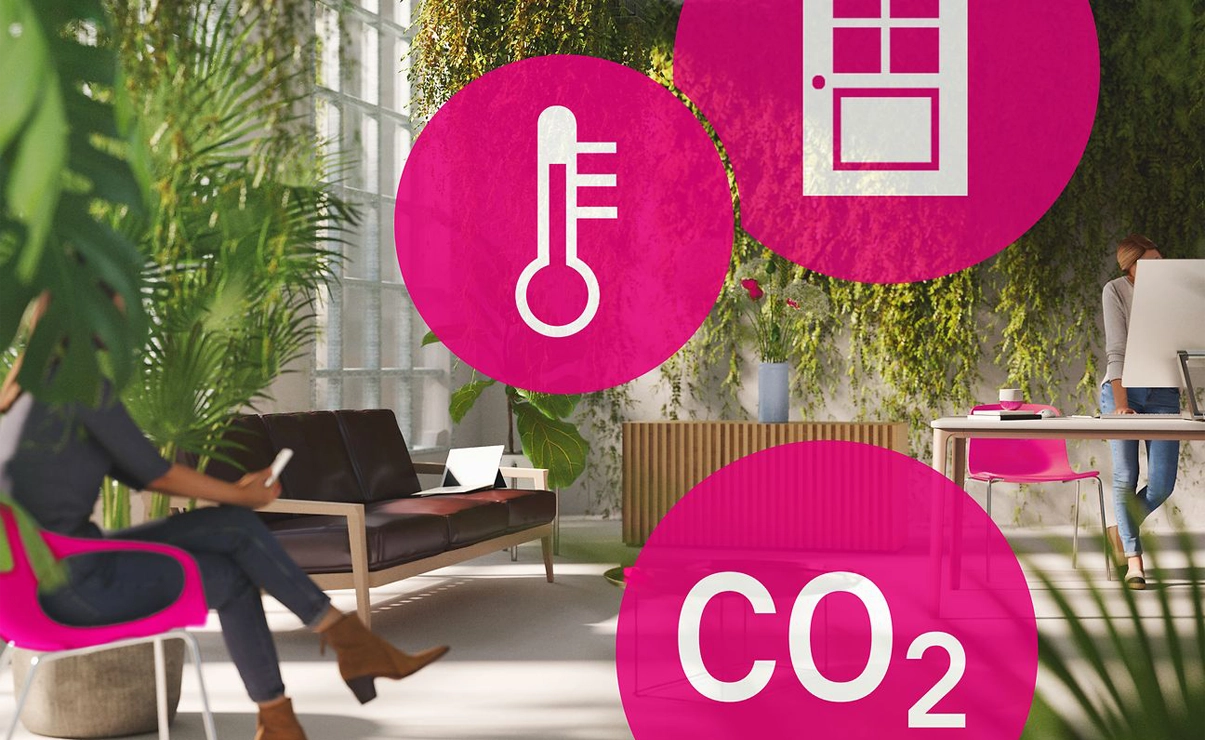 The image shows an interior space with a plants and two persons working. In the front there are circles showing a temperature scale, a door and co2