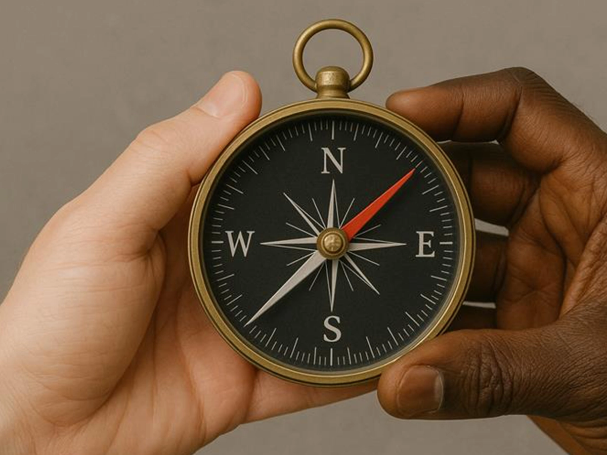 The compass is open and being held between two human hands, and it appears to be a traditional pocket compass with direction pointers.