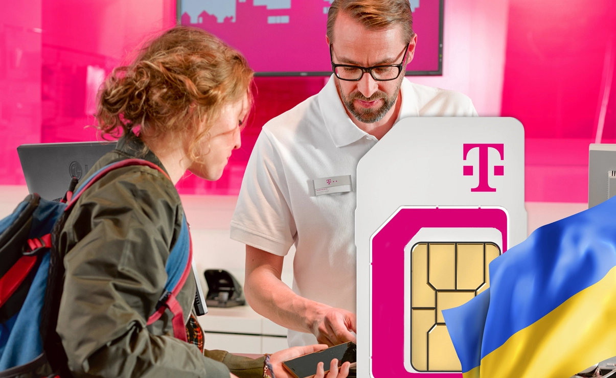 The image shows a scene where a person is explaining or demonstrating the functionality of a telecommunications service to others, likely in a store setting. There is also a sim card and the Ukraine flag in the bottom right corner.