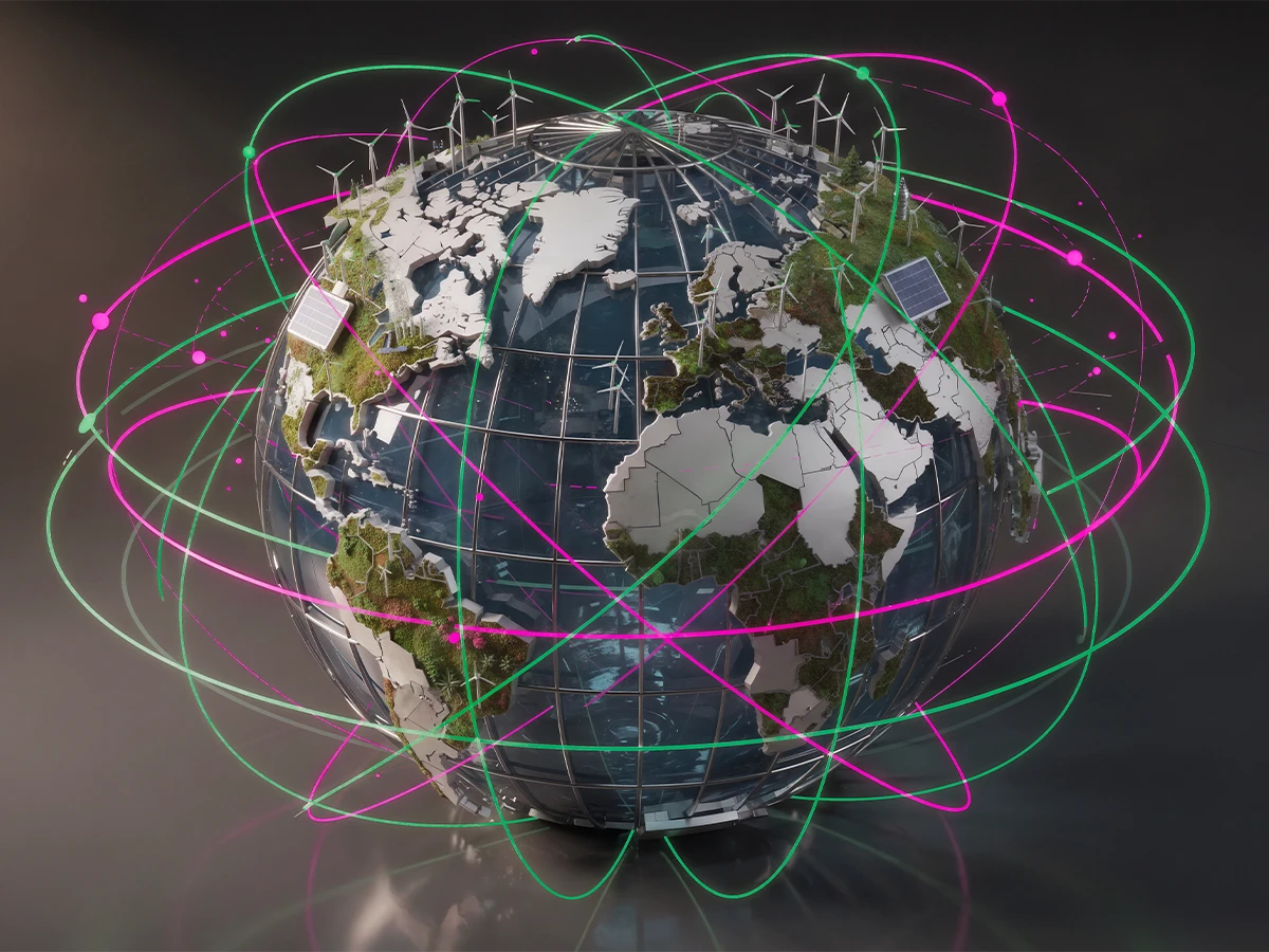 Illustrated globe featuring solar panels, wind turbines, and illustrated satellite flight paths (Header Photo)