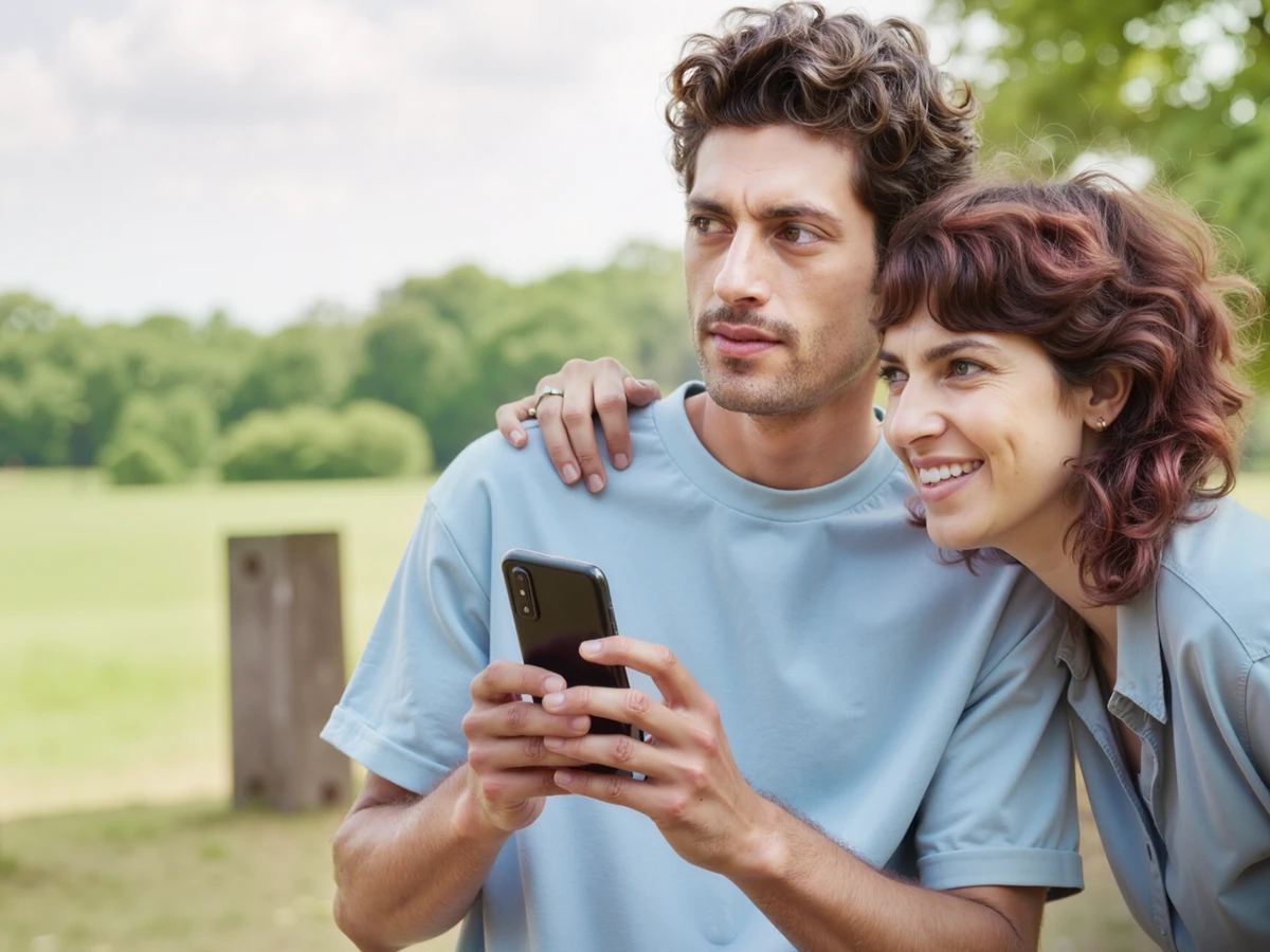 A man is holding up a mobile phone with both hands while a woman is standing next to him with her hand around his shoulder. They are looking off into the distance. (Header Photo)