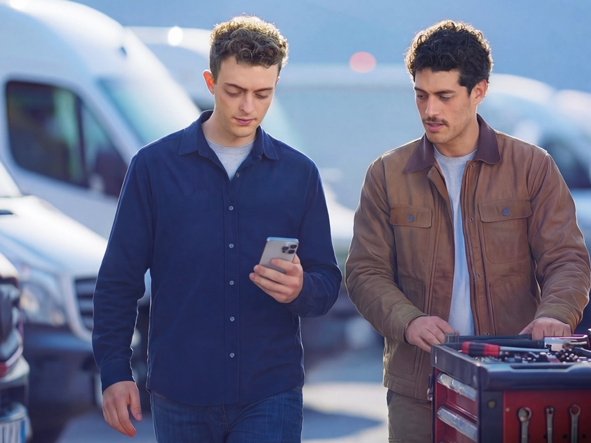 Two men are walking side by side. One is pushing a tool cart in front of him, while the other is holding a cell phone, which they are both looking at. (Header Photo)