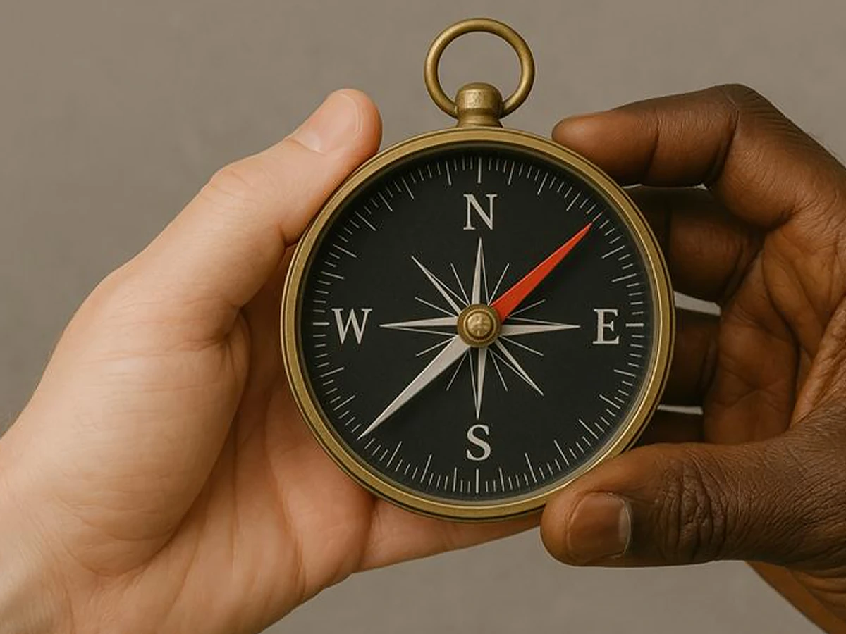 Close-up of the hands of two people holding a compass. (Header Photo)