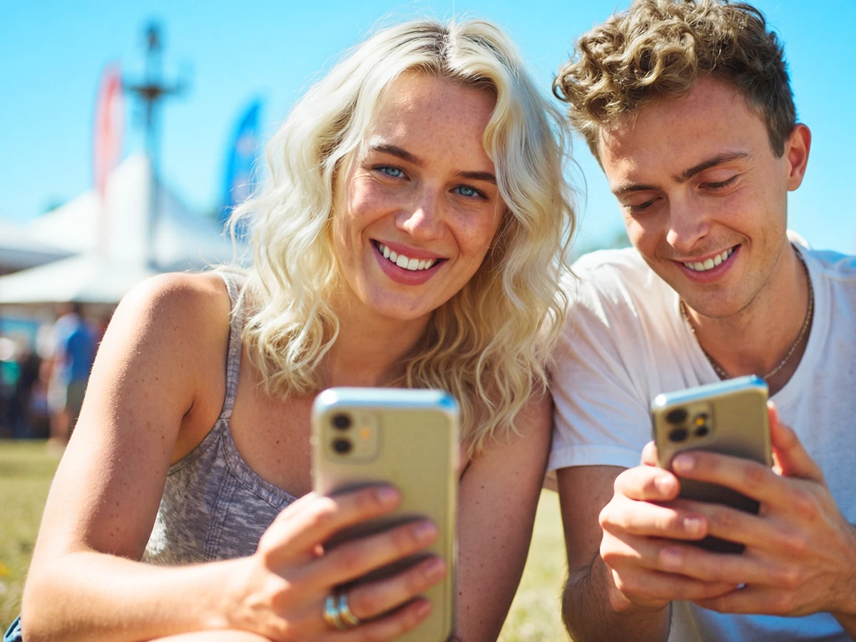 A woman and a man sitting next to each other looking at their mobile phones and smiling. (Header Photo)