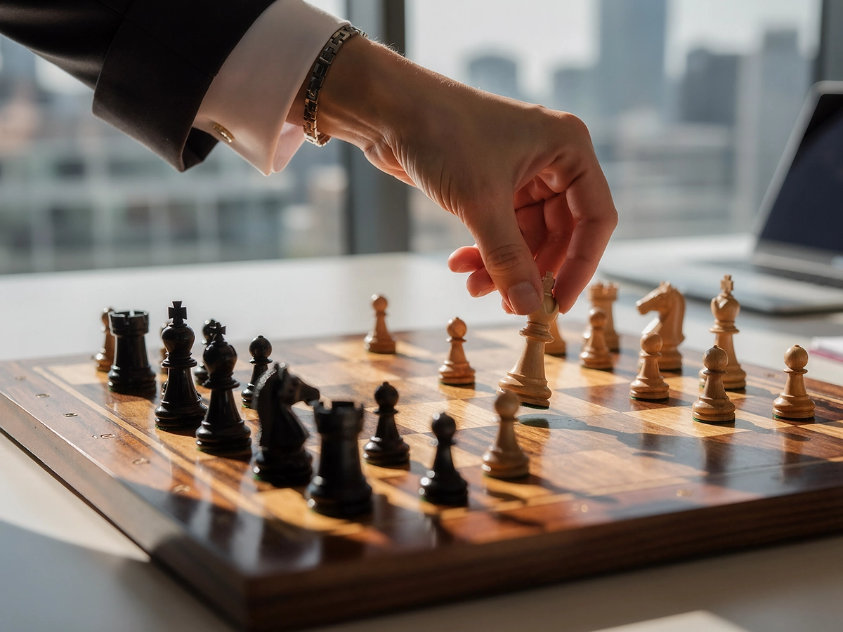 Close-up of a person's hand while they are moving a bishop on a chess board. (Header Photo)