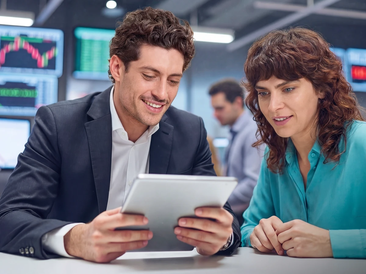 A man and woman are sitting at a desk and looking at a stack of papers that the man is holding. (Header Photo)