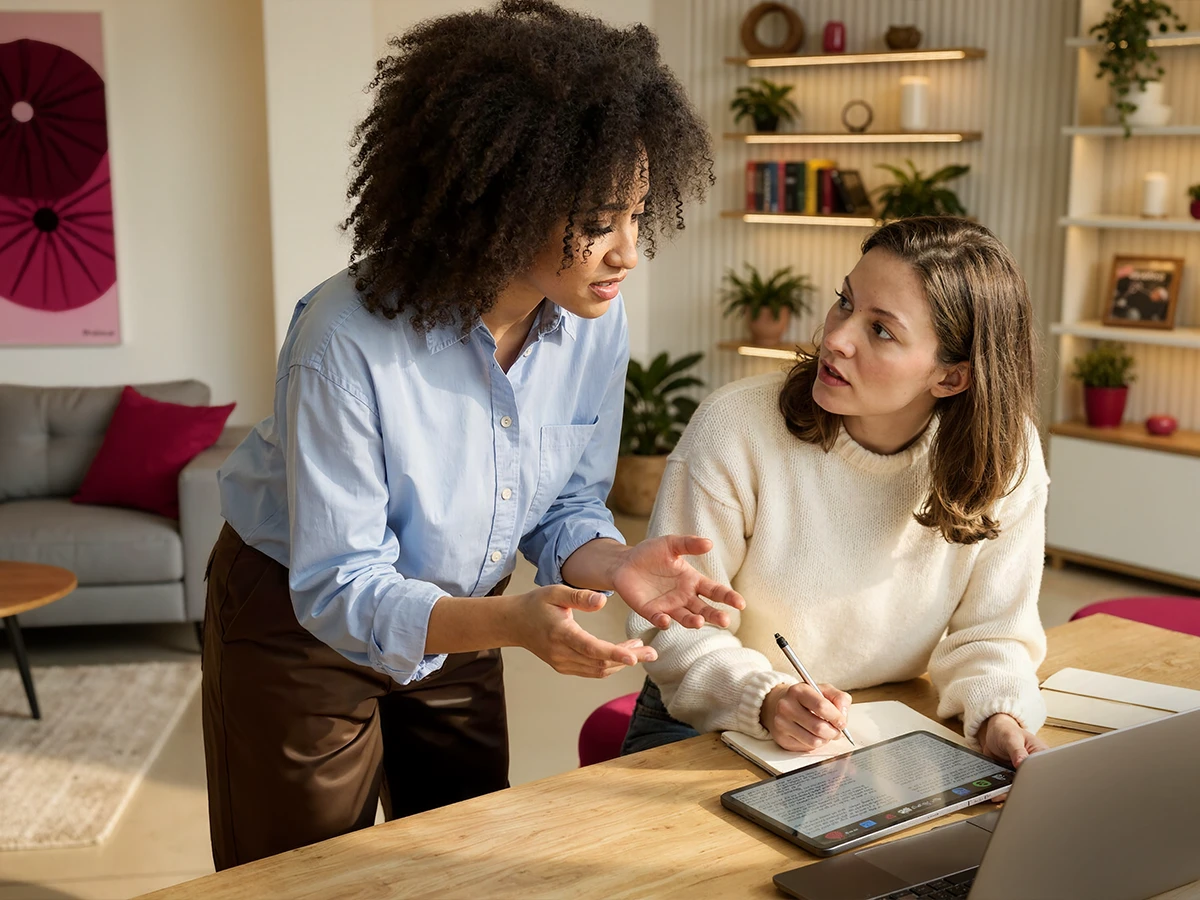 Two woman are leaning over a tablet and having a discussion. (Header Photo)