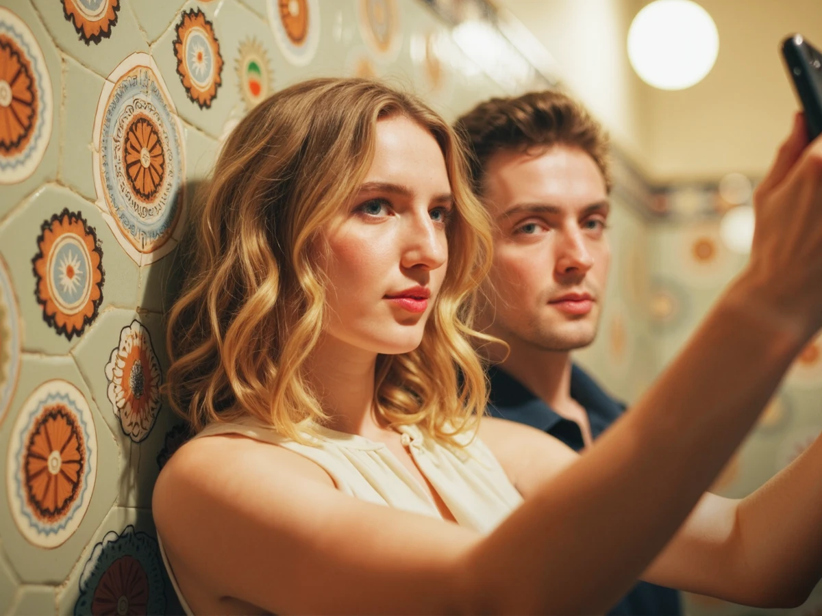 A woman and man are leaning against a tiled wall. The woman is taking a selfie. (Header Photo)